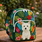 Artisan quilted backpack with a West Highland terrier amongst bright tropical flowers and green leaves