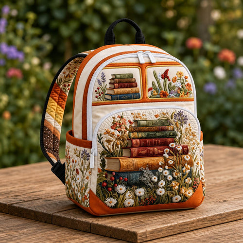 Artisan quilted backpack with a camper van full of books beneath a warm orange sunset sky