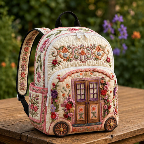 Artisan quilted backpack with an old camper van amongst retro blooms in orange, mustard and green