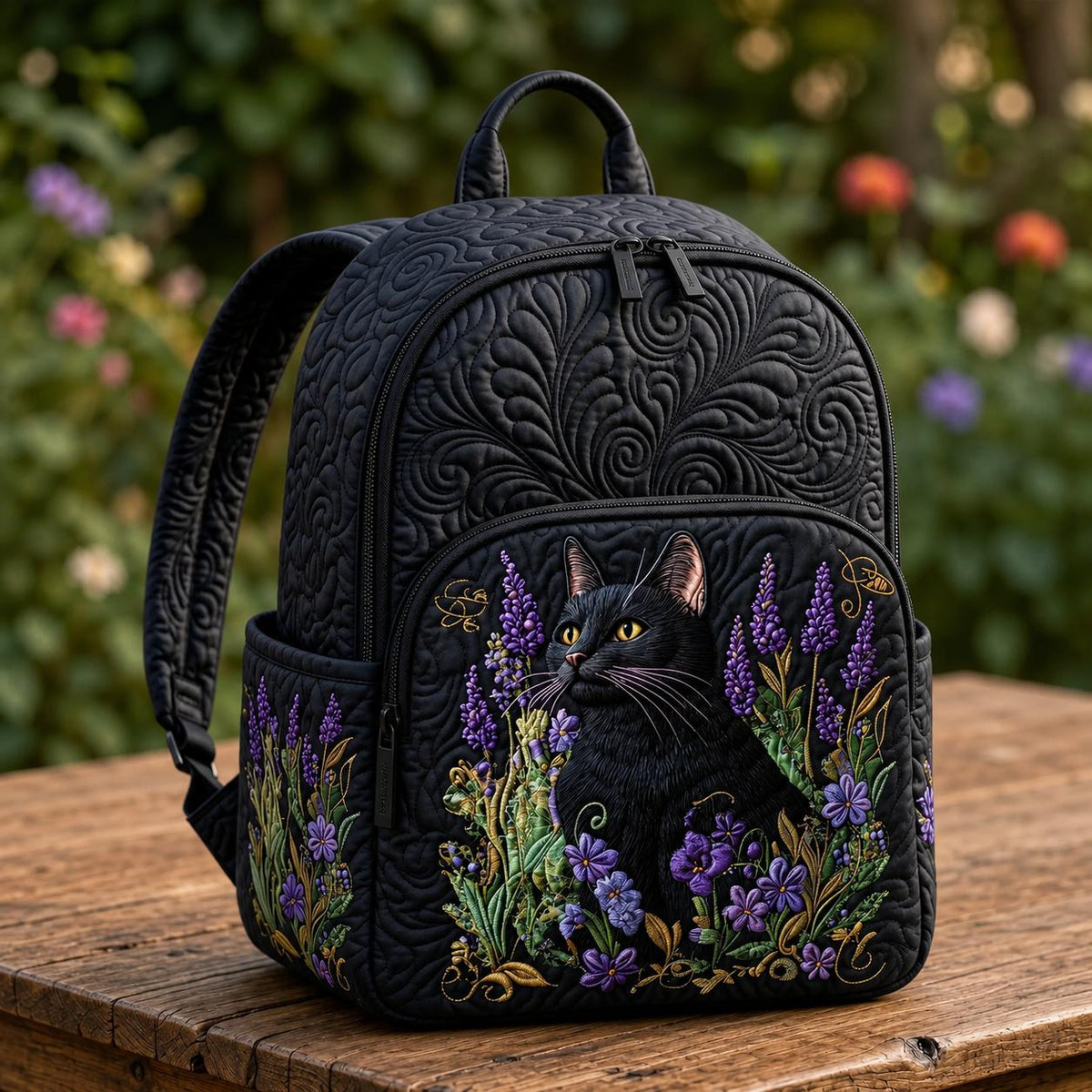Artisan quilted backpack with a black cat amongst tall lavender stems in mauve and green