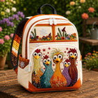 Artisan quilted backpack with chickens gathered round a brightly painted hippie camper van