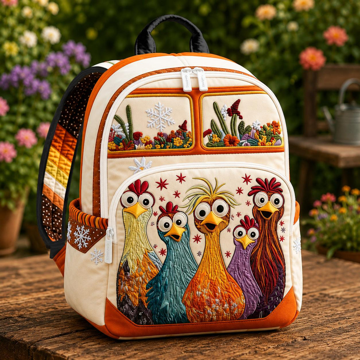 Artisan quilted backpack with chickens gathered round a brightly painted hippie camper van