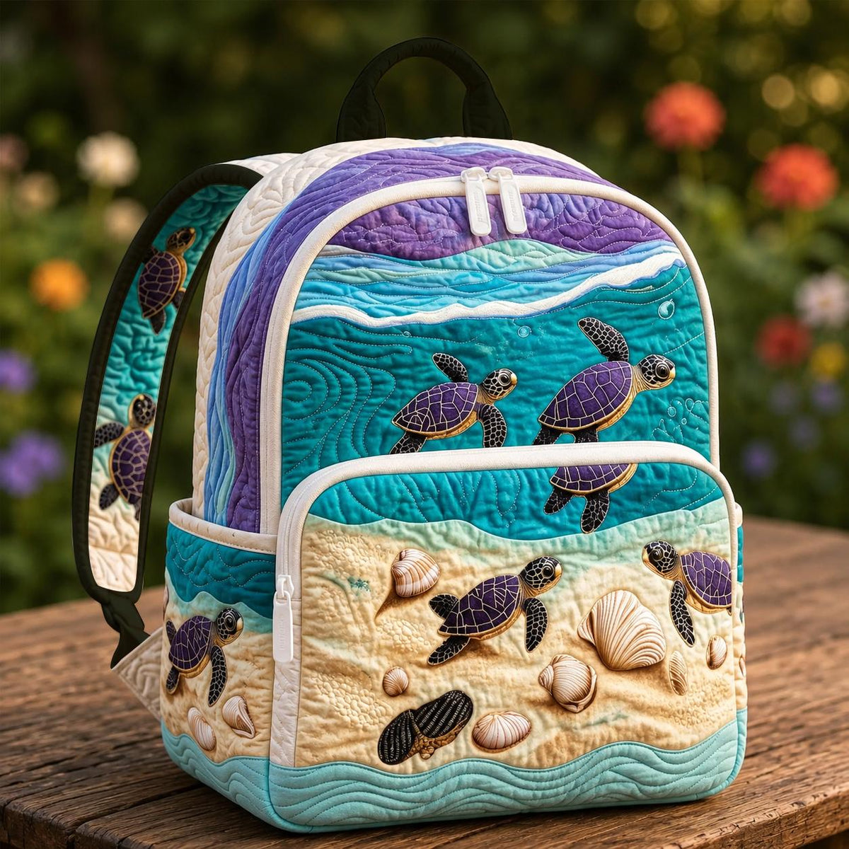 Artisan quilted backpack with a sea turtle swimming amongst scattered shells in soft blues and greens
