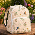 Artisan quilted backpack with a robin perched amongst botanical leaves, stems and seed heads