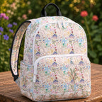 Artisan quilted backpack with starfish, shells and gentle waves in soft seaside pastel blues and pinks