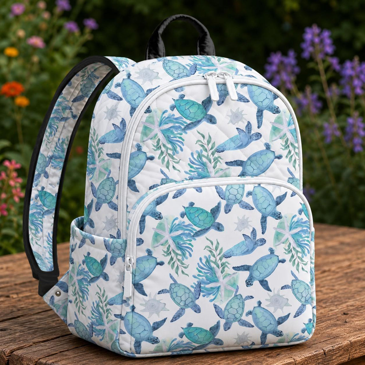 Artisan quilted backpack with sea turtles drifting through soft watercolour blues and greens
