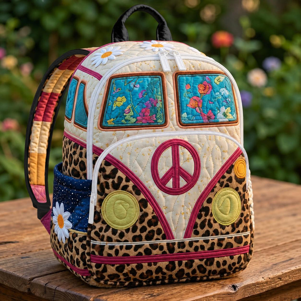 Artisan quilted backpack with a camper van rolling across a bold leopard-print background