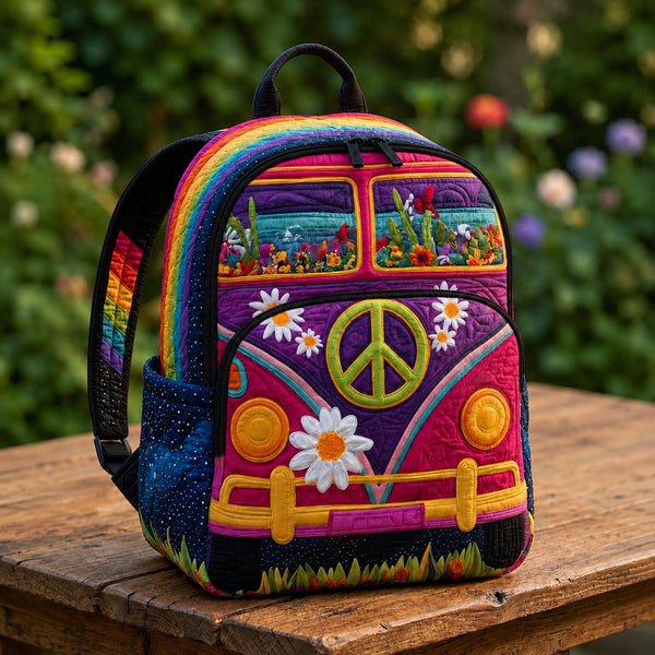 Artisan quilted backpack with a camper van amongst flowers and peace symbols in warm seventies colours