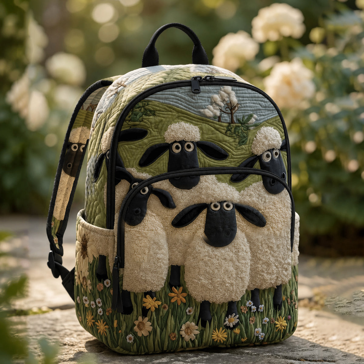 Artisan quilted backpack with sheep grazing in a green meadow, their fleeces in soft cream