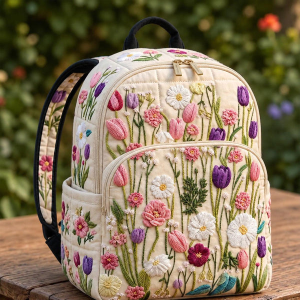 Artisan quilted backpack with a meadow of wildflowers and open blooms in soft summer colours
