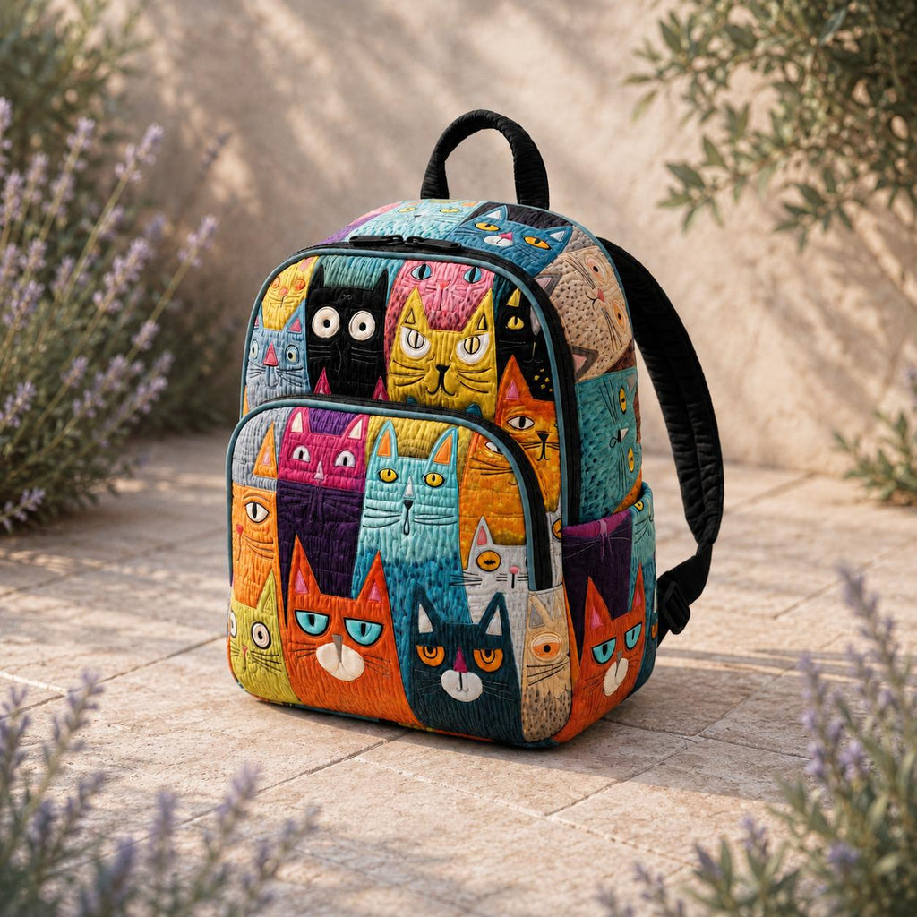 Artisan quilted backpack with a bright collage of cats crowded together, one beside the next
