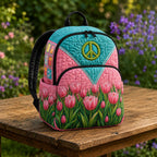 Artisan quilted backpack with hand-drawn tulips opening around a peace sign on a bright ground