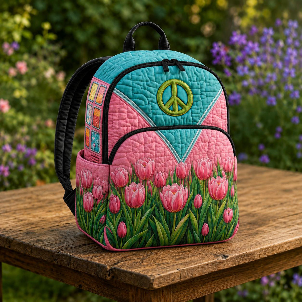 Artisan quilted backpack with hand-drawn tulips opening around a peace sign on a bright ground