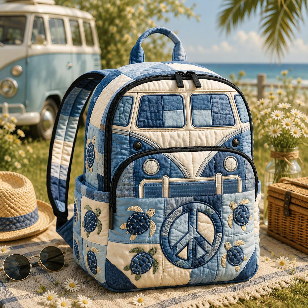 Artisan quilted backpack with turtles and camper vans set side by side in patchwork squares