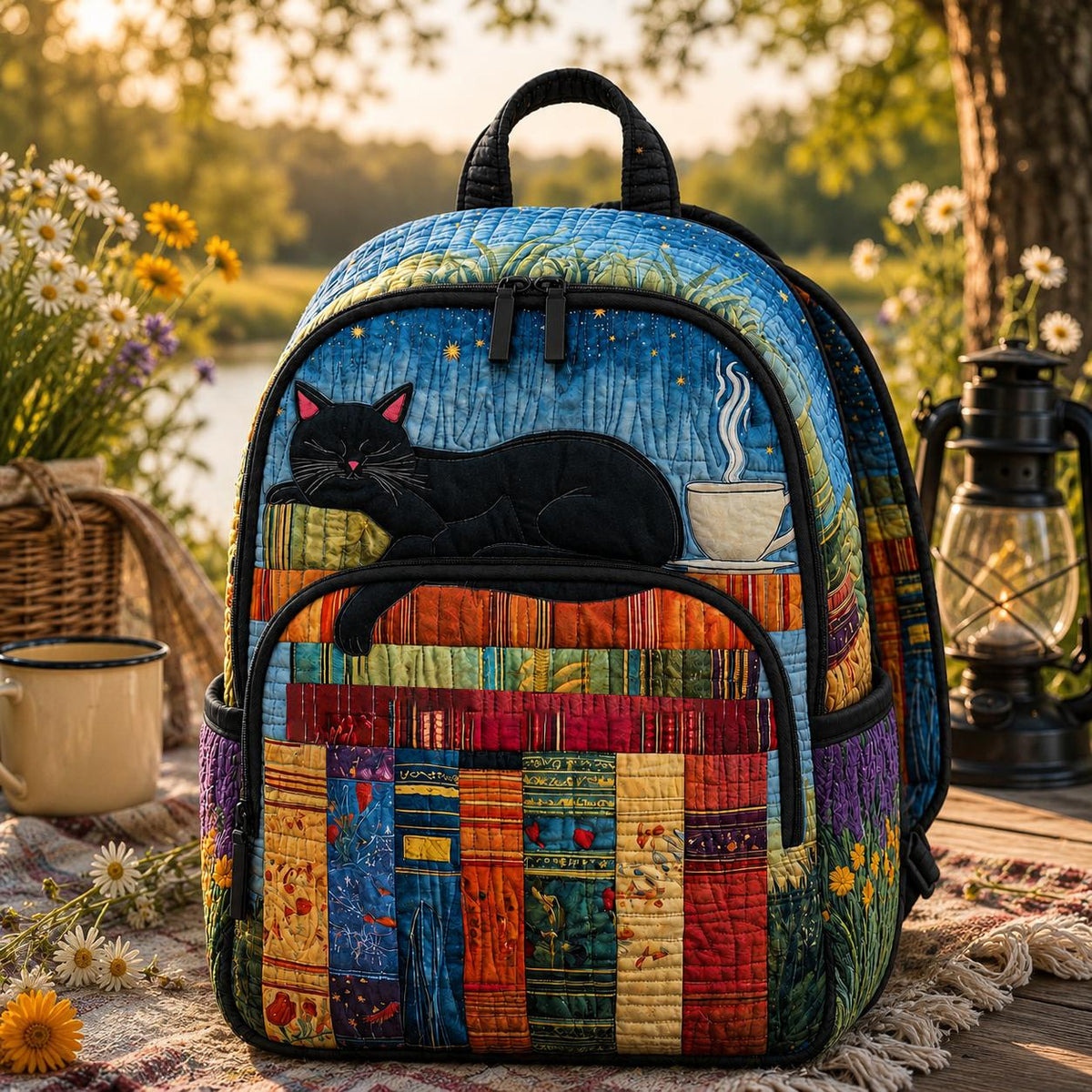 Artisan quilted backpack with a black cat curled amongst a shelf of books in muted colours