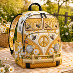 Artisan quilted backpack with a painted camper van amongst honeycomb, sunflowers and bees