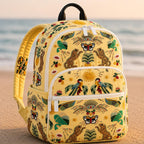 Artisan quilted backpack with a spotted dalmatian standing amongst summer garden flowers in full bloom