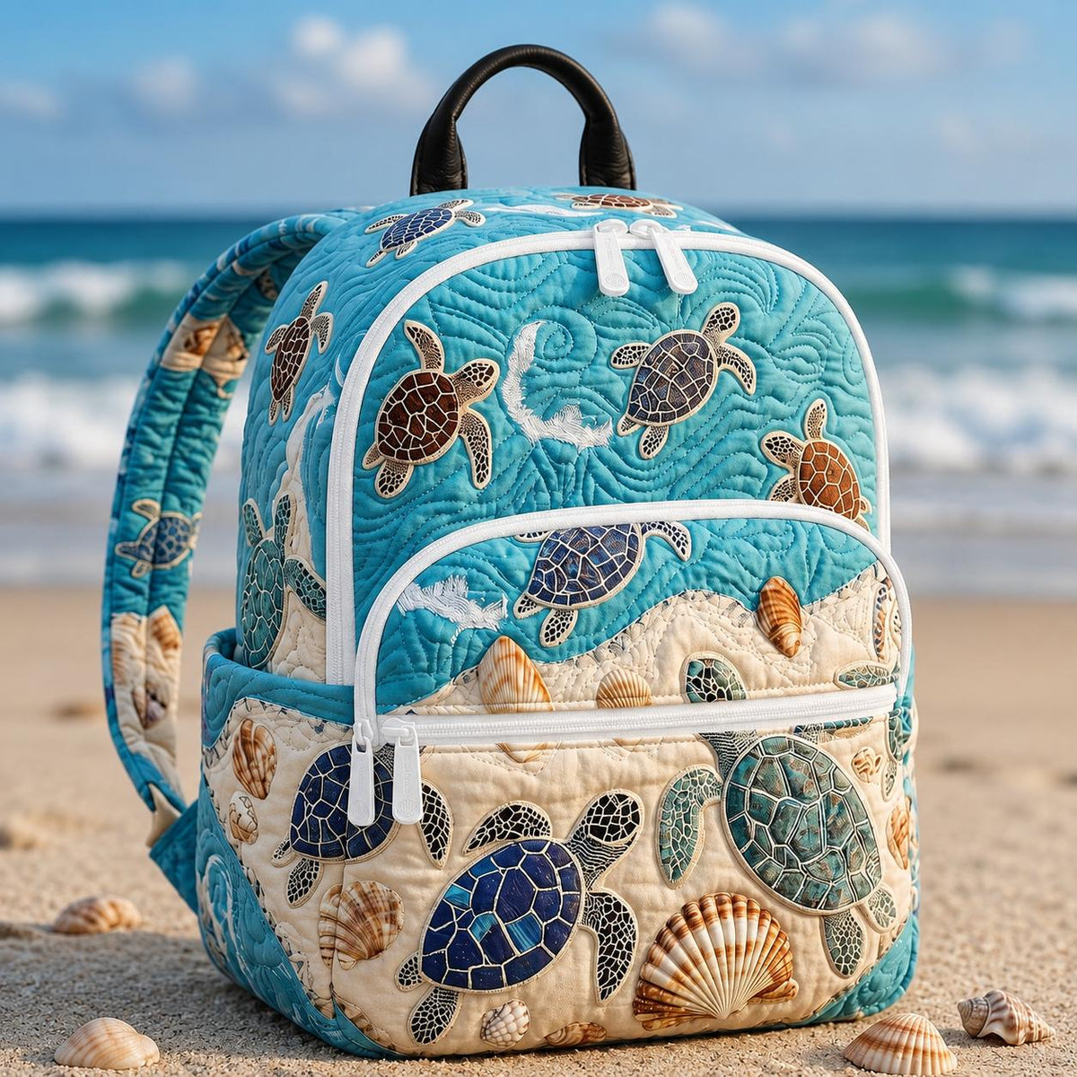 Artisan quilted backpack with a bichon frise sitting before mountains and open sky in soft colours