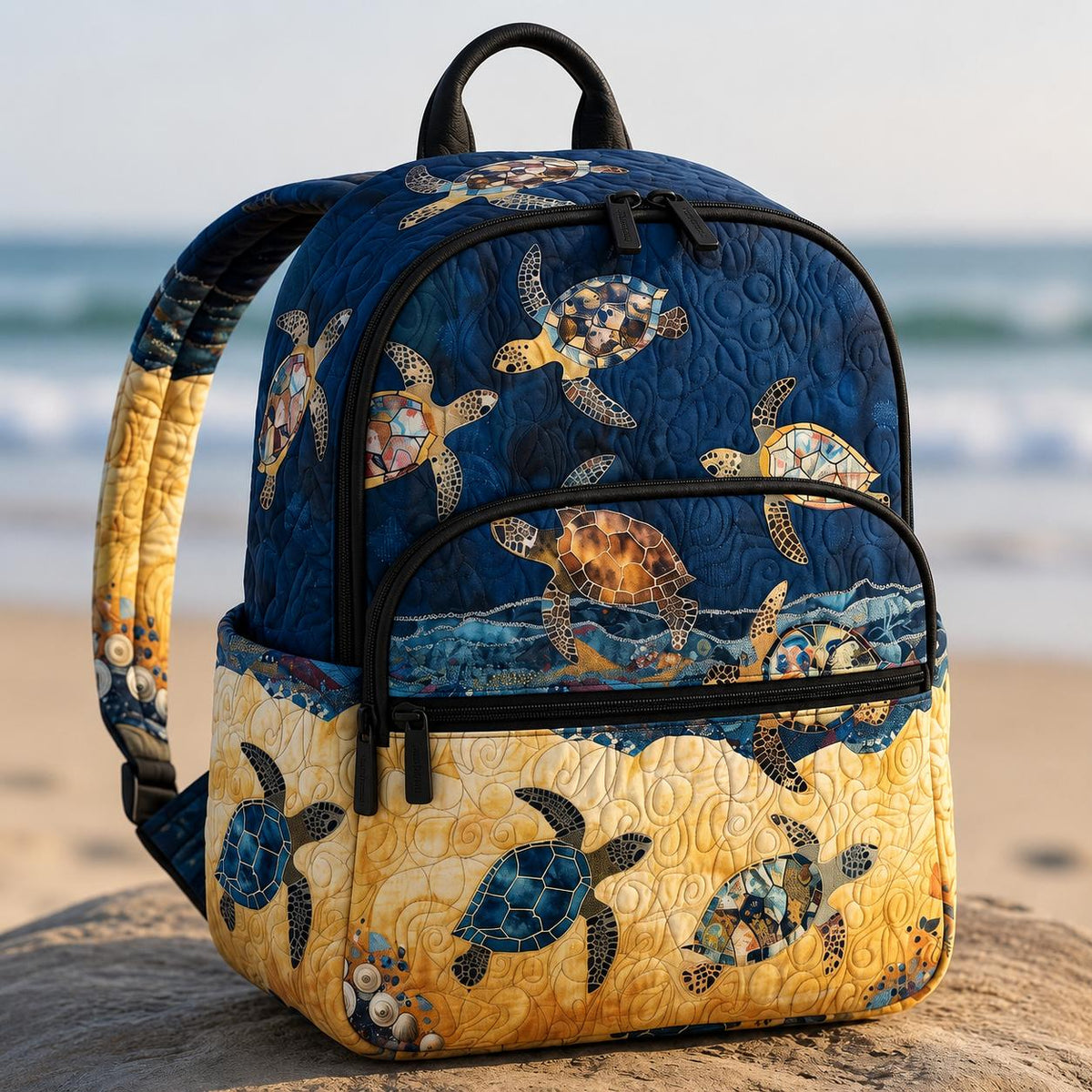 Artisan quilted backpack with a white West Highland terrier amongst broad tropical leaves and bright blooms