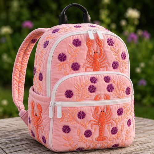 Artisan quilted backpack with a camper van and stacked books against a warm sunset sky