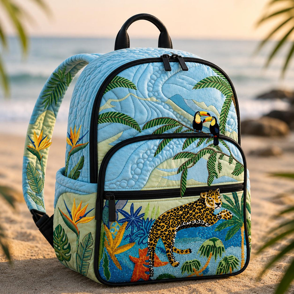 Artisan quilted backpack with rounded retro flowers repeating in neat rows in warm seventies shades