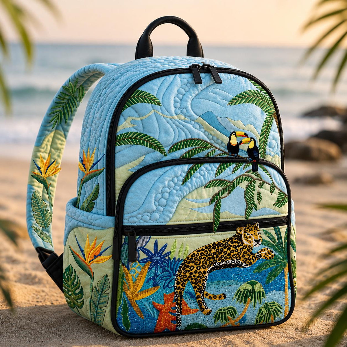 Artisan quilted backpack with rounded retro flowers repeating in neat rows in warm seventies shades