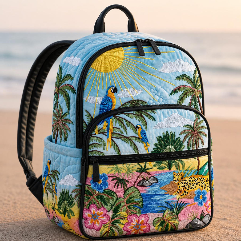 Artisan quilted backpack with a black cat sitting amongst tall stems of purple lavender on a pale ground