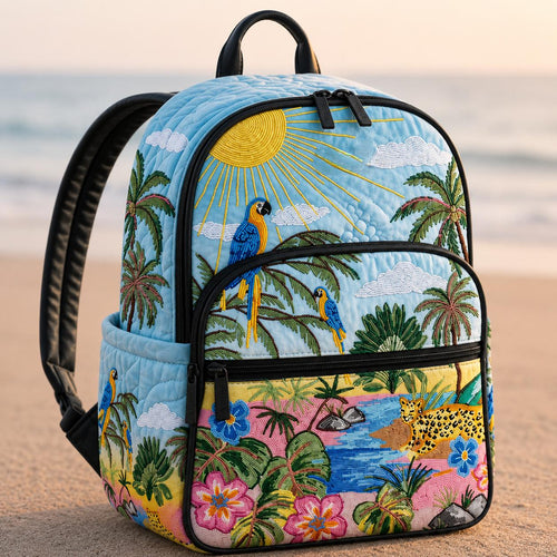 Artisan quilted backpack with a black cat sitting amongst tall stems of purple lavender on a pale ground