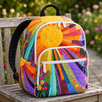 Artisan quilted backpack with hens crowded round a brightly painted camper van in vivid colour