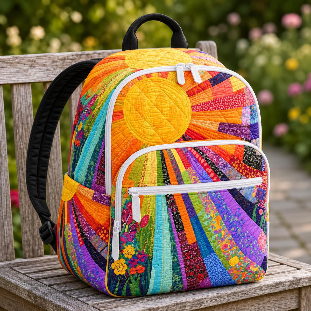 Artisan quilted backpack with hens crowded round a brightly painted camper van in vivid colour