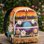 Artisan quilted backpack with a sea turtle swimming amongst scattered shells in soft blue and sand tones