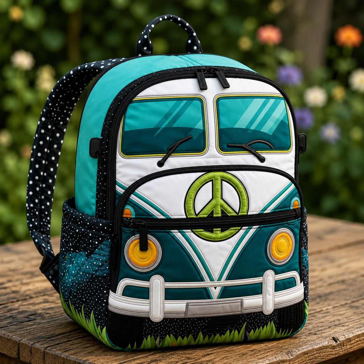 Artisan quilted backpack with a robin perched amongst trailing leaves and small garden flowers in soft greens