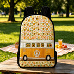 Artisan quilted backpack with a camper van printed amongst tall sunflowers in warm summer yellows and greens