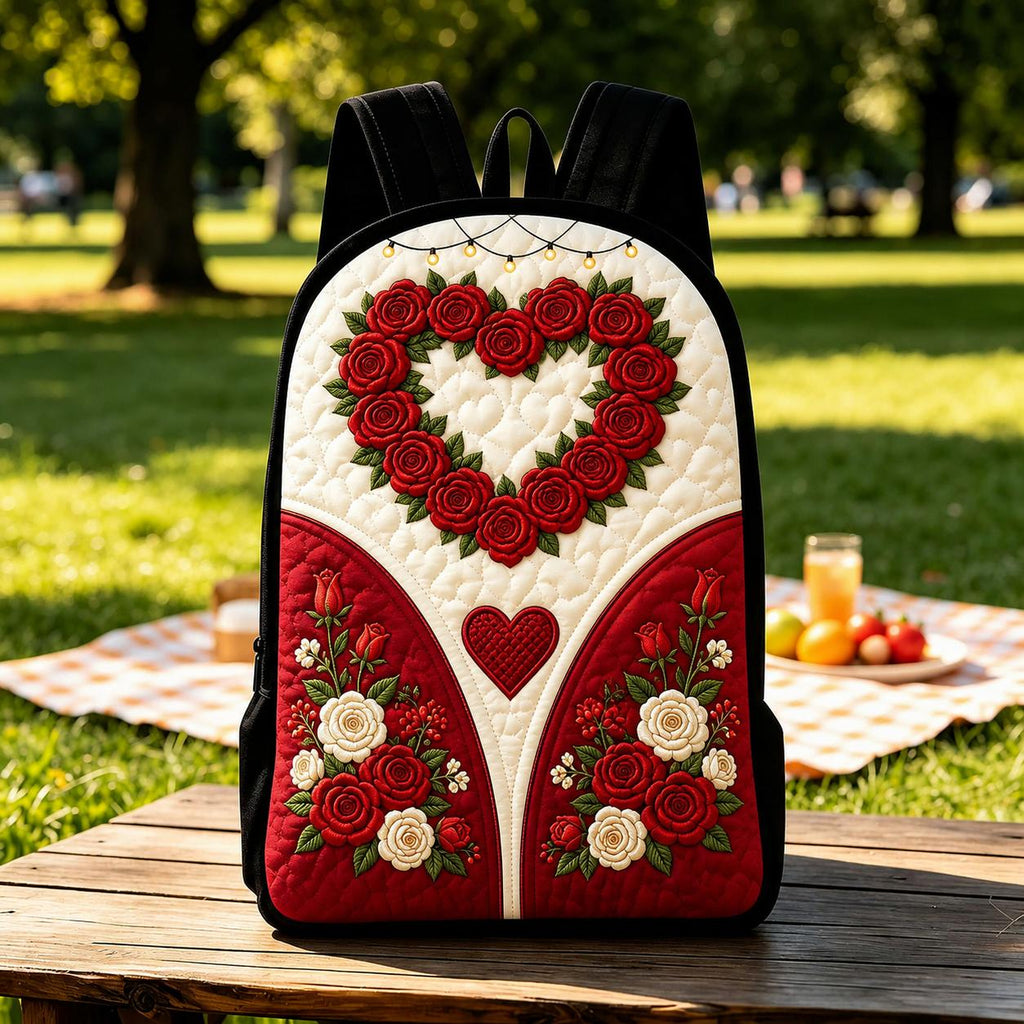 Artisan quilted backpack with a romantic design of full blown roses and hearts and plain black straps