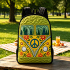 Artisan quilted backpack with a retro camper van amongst flowers and swirling hippie colour, black straps