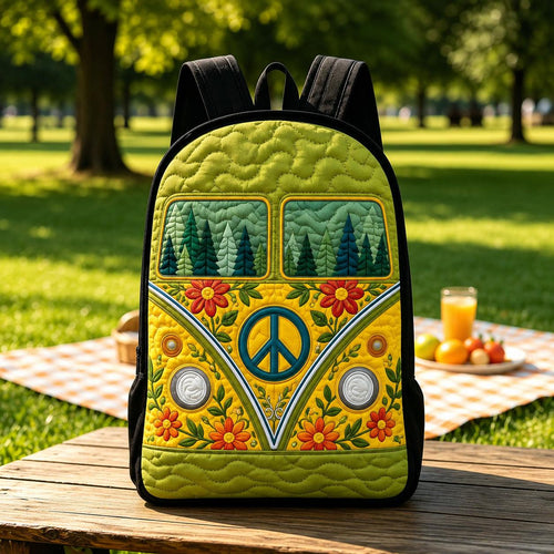 Artisan quilted backpack with a retro camper van amongst flowers and swirling hippie colour, black straps