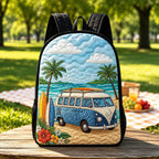 Artisan quilted backpack with a retro surf van design in faded seventies colours and plain black straps
