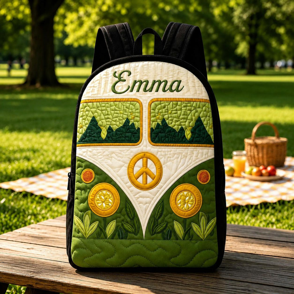 Artisan quilted backpack with a flower covered hippie camper van design and plain black shoulder straps