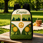 Artisan quilted backpack with a flower covered hippie camper van design and plain black shoulder straps