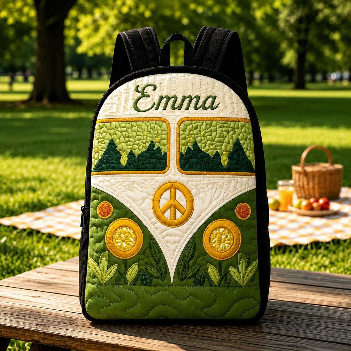 Artisan quilted backpack with a flower covered hippie camper van design and plain black shoulder straps