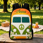 Artisan quilted backpack with a colourful hippie camper van design and plain black shoulder straps