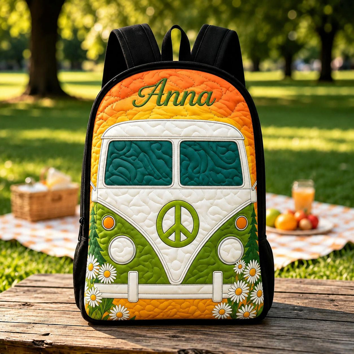 Artisan quilted backpack with a colourful hippie camper van design and plain black shoulder straps