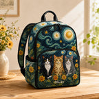 Artisan quilted backpack with cats beneath a swirling blue night sky and gold stars