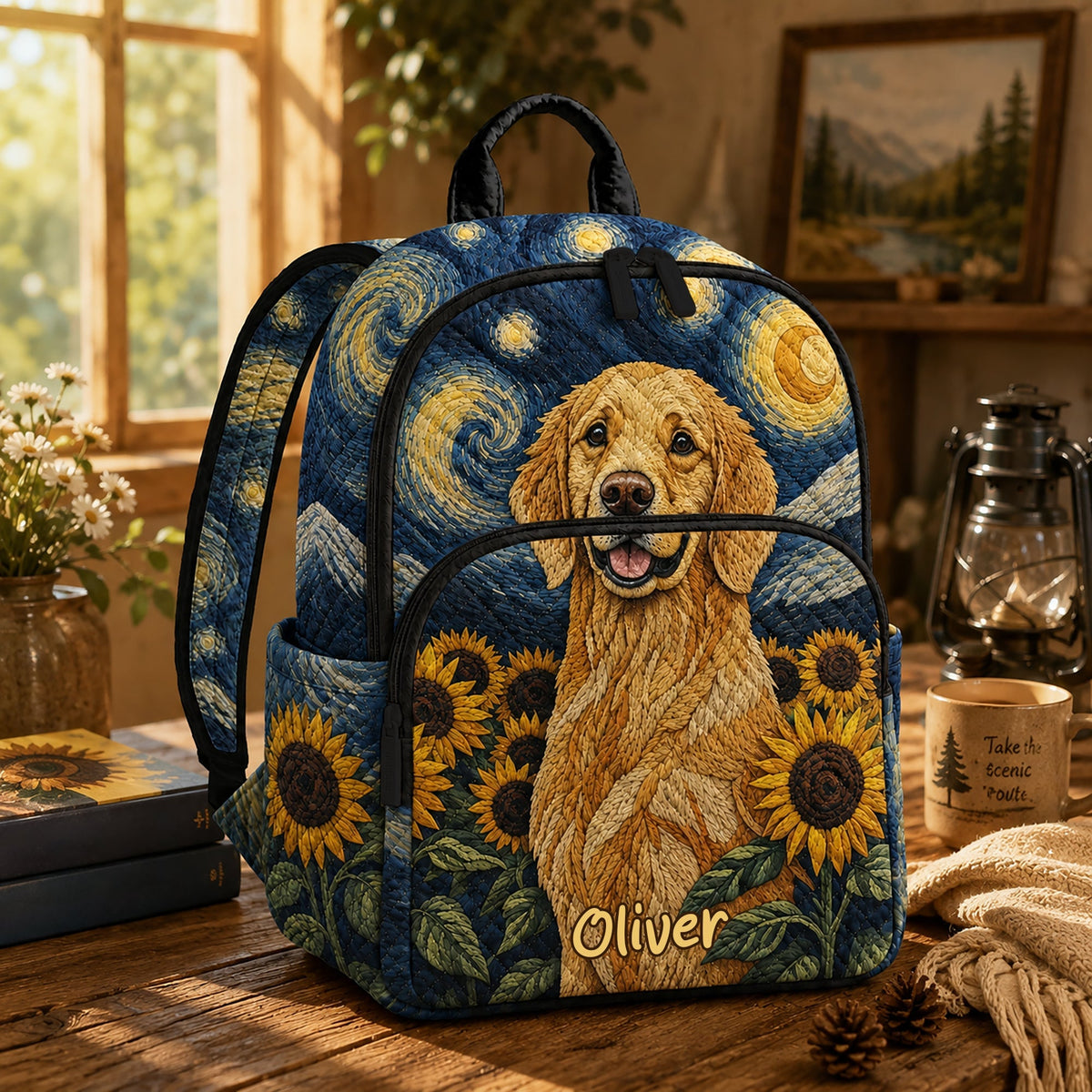 Artisan quilted backpack with a golden retriever beneath a swirling starry night sky in deep blue