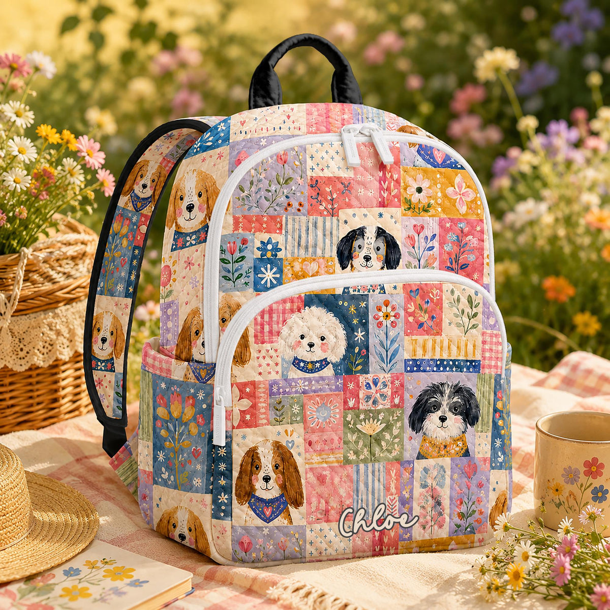 Artisan quilted backpack with a dog sitting amongst garden flowers in full bloom