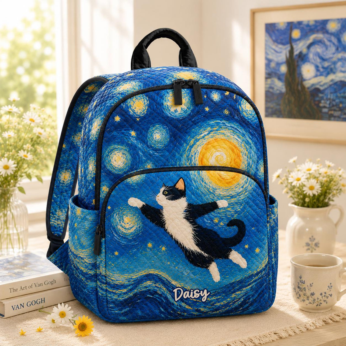 Artisan quilted backpack with a tuxedo cat in black and white against a blue background