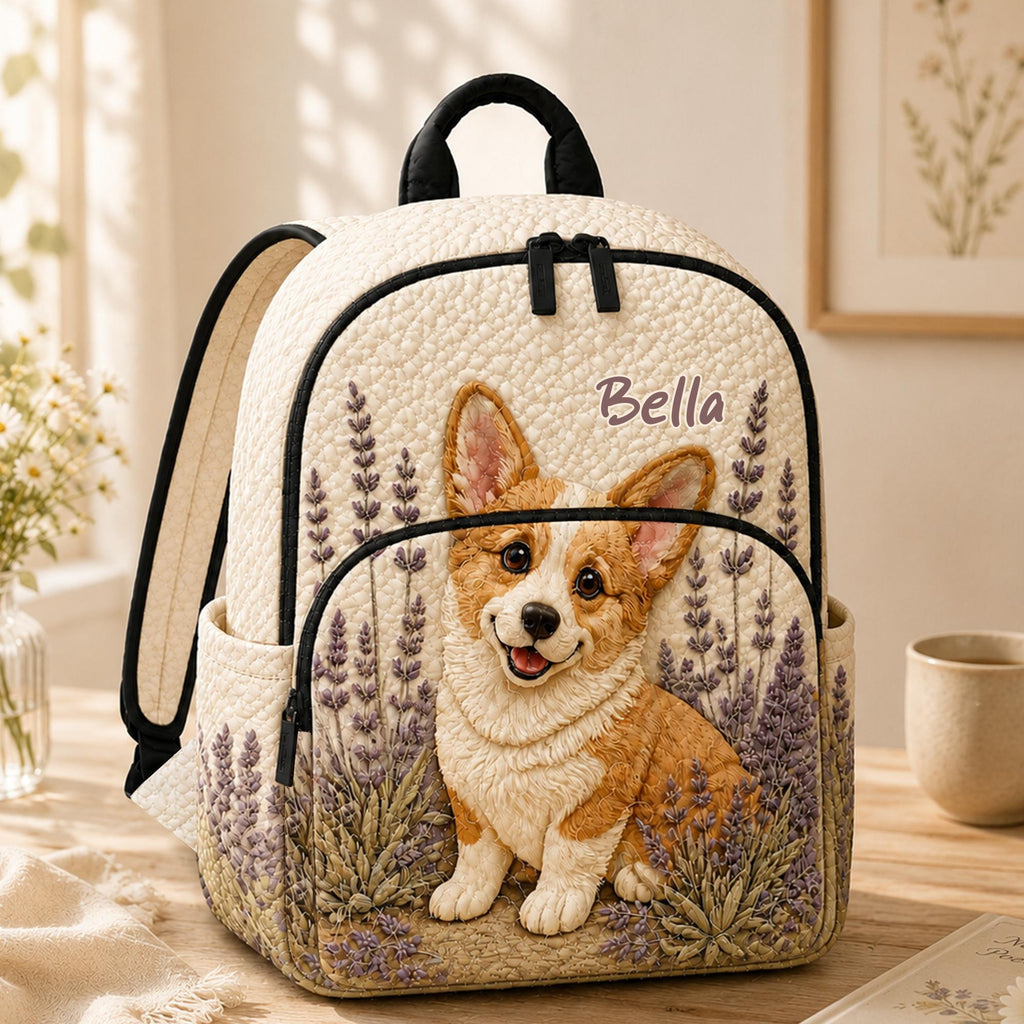 Artisan quilted backpack with a corgi amongst lavender and soft purple florals across the quilted front panel