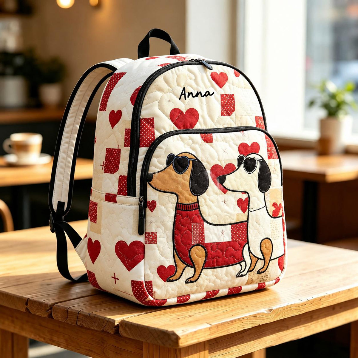 Artisan quilted backpack with a dachshund amongst red hearts and small flowers across the quilted front panel