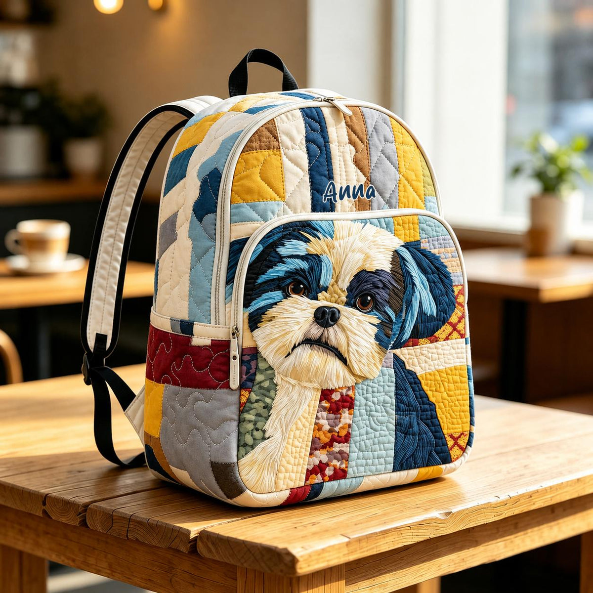 Artisan quilted backpack with patchwork dogs pieced from assorted printed fabrics across the quilted front panel