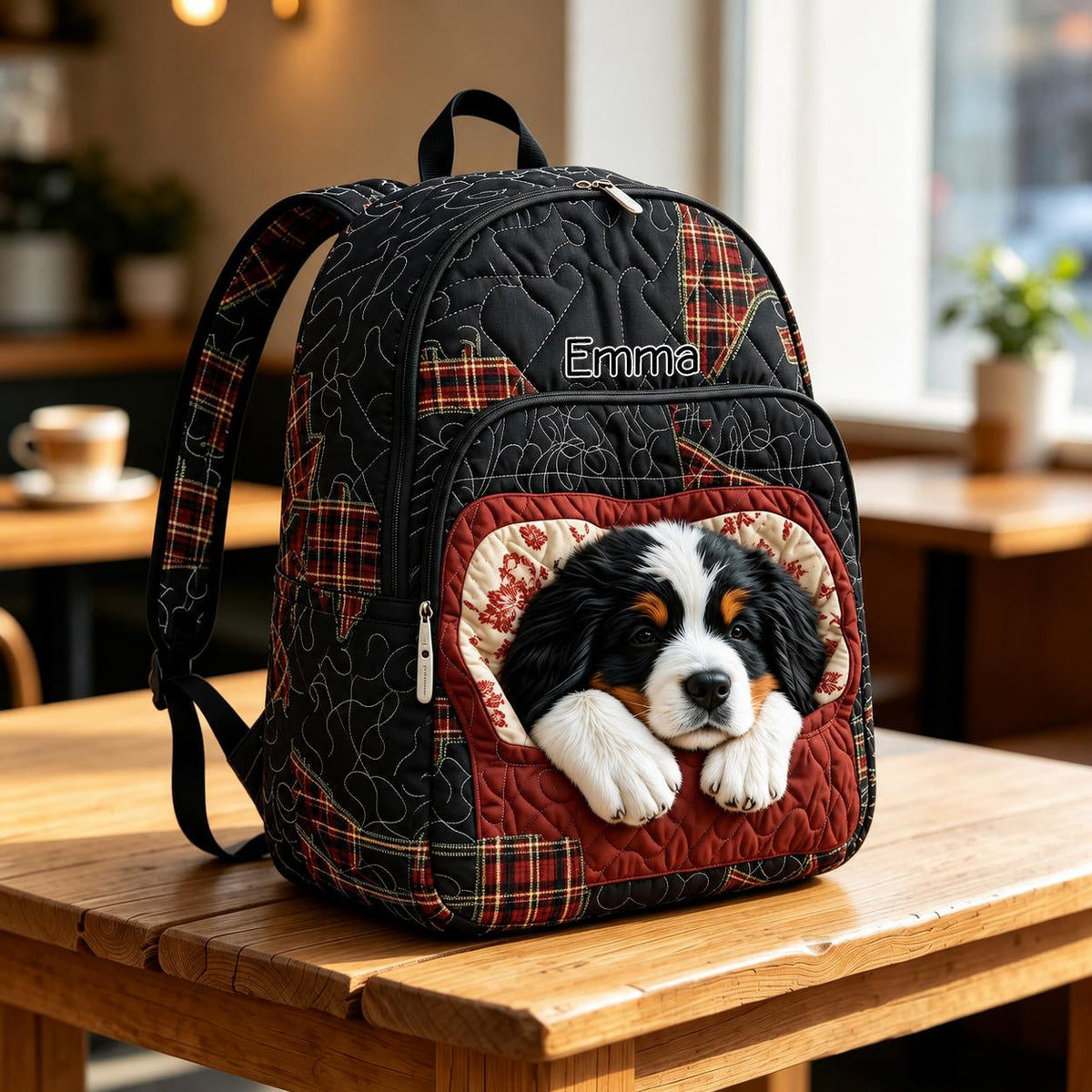 Artisan quilted backpack with a little dog set into a patchwork panel of quiet colours
